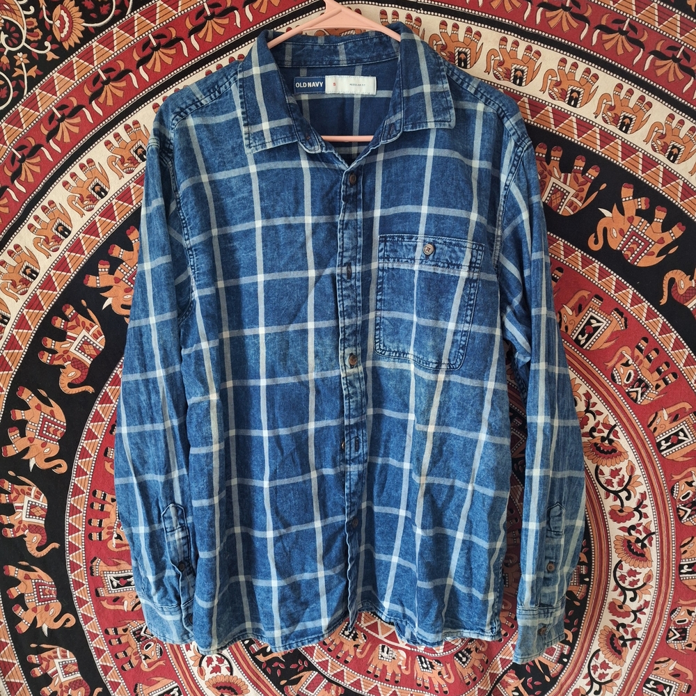 Old Navy Denim Blue Checkered Flannel Button-Up Shirt